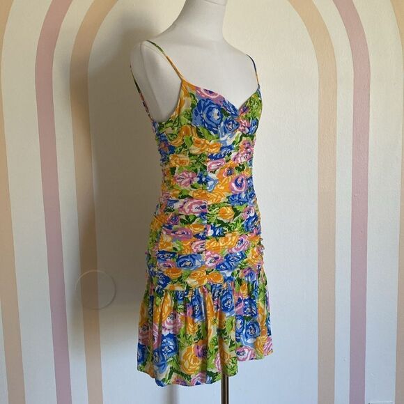Zara Multicolor Ruched Floral Mini Dress Size Medium - Picture 6 of 11